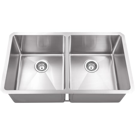 Hardware Resources 32" Lx19" Wx10" D Undermount 16 Gauge Handmade Stainless Steel 50/50 Double Bowl Sink HMS250